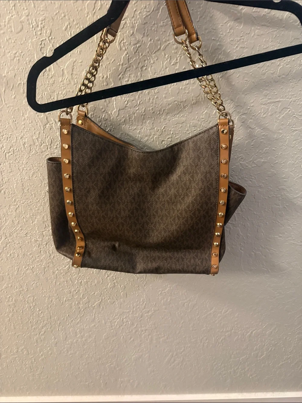 MICHAEL KORS Brown and Tan Studded Chain-Handle Tote